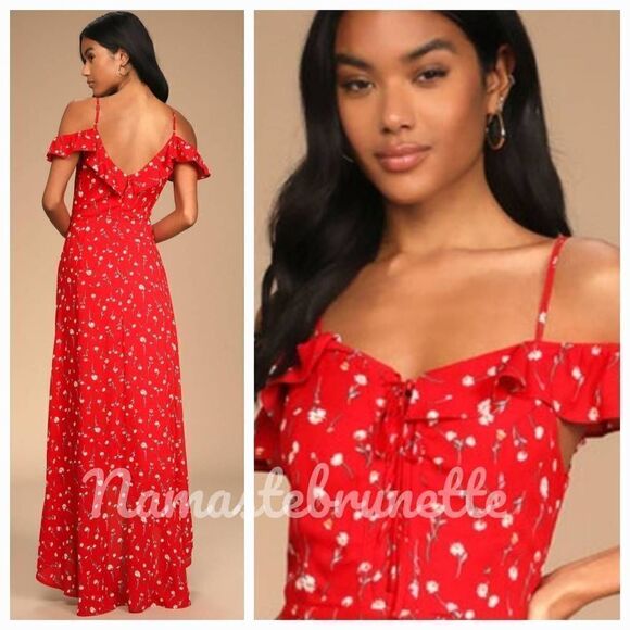 Nwt Lulu's Boho Red Floral Off-the-Shoulder Maxi Dress - Picture 2 of 14